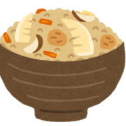 タケノコ、しいたけ、ニンジン、鶏肉が入った、美味しそうな炊き込みご飯のイラストです。