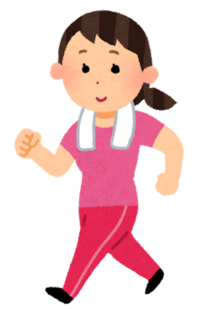 ウォーキングする女性。タオルを首にかけ歩いている様子。