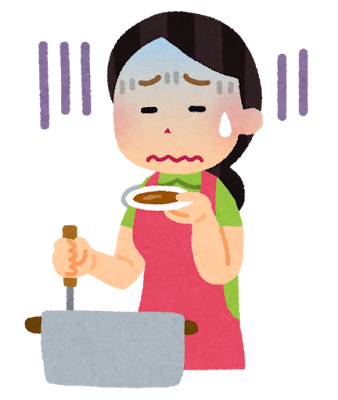 自分が作った不味い料理を嫌な顔で味見している女性のイラストです。