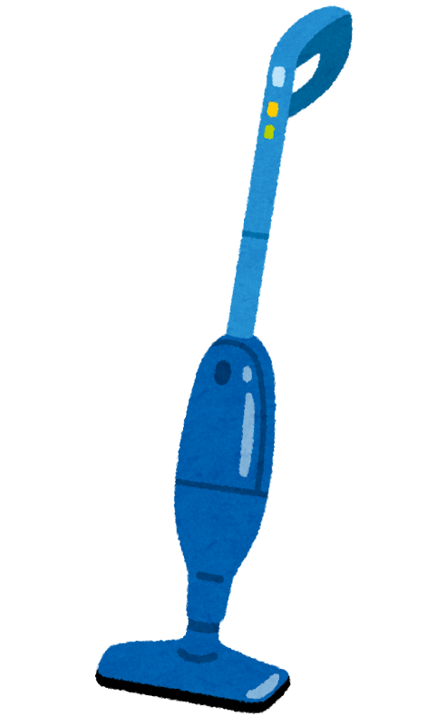 コードレスでどこでも使える細長いスティック型掃除機のイラストです。