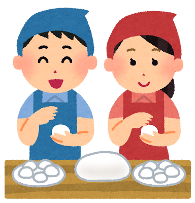 お皿の上に、餅つきで作った大きなお餅を丸めて小分けにしている人たちのイラストです。