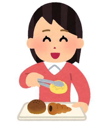 パン屋さんで、女性が嬉しそうな顔で好きなパンをトレイに乗せているイラストです。