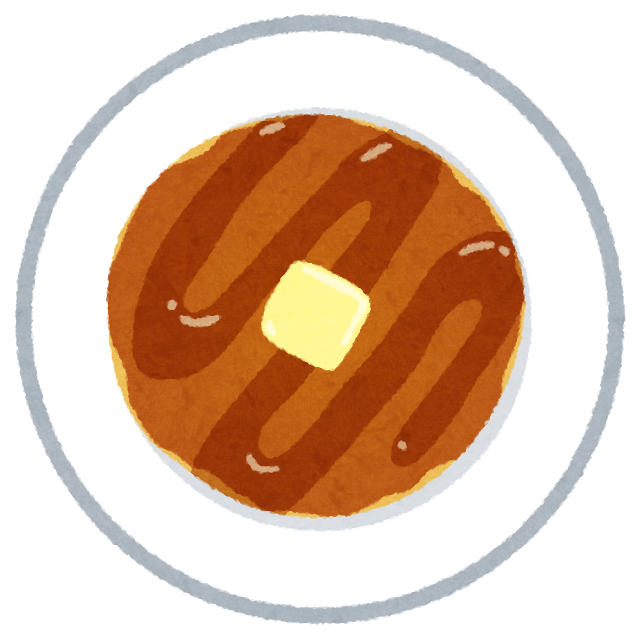 パンケーキ（ホットケーキ）を上から見たイラストです。 バターと蜂蜜をかけたもの。