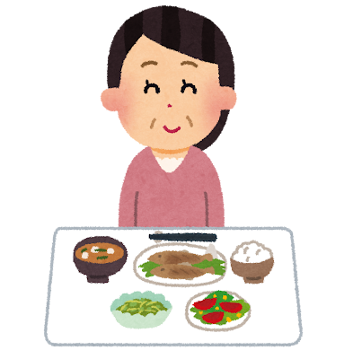 栄養バランスの取れた、和食中心の料理を食べているイラストです。
