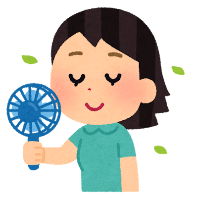 女の子が小さな携帯型扇風機で自分に風を送っているイラストです。
