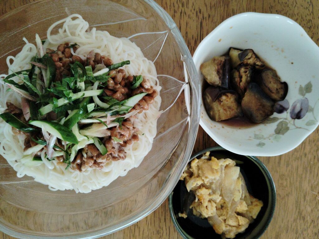 納豆そうめん。ナスの炒め物。鶏肉卵とじ。