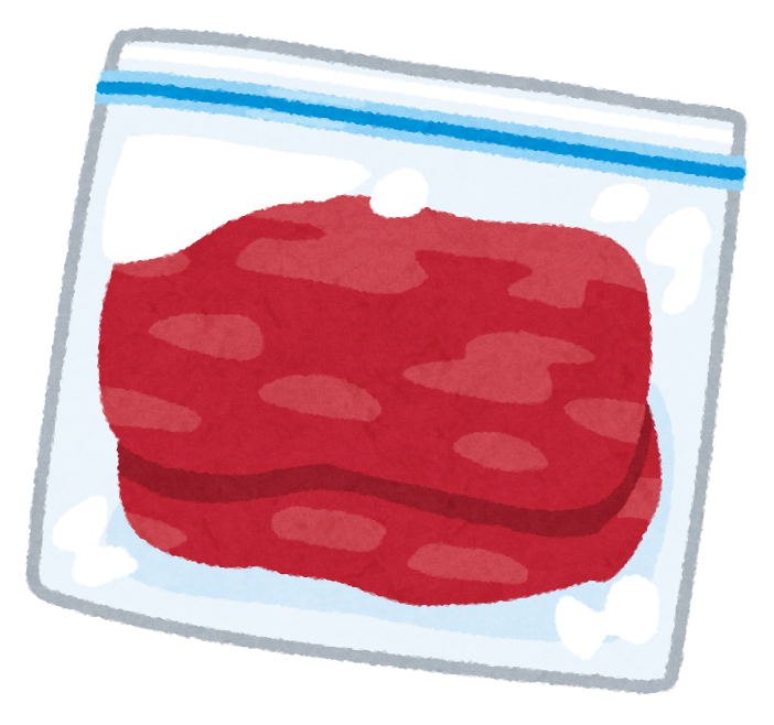フリーザーバッグ（ジップロック）の中に肉の切り身を入れて保存しているイラストです。