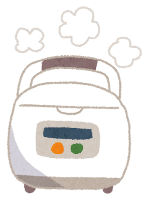 ふっくら美味しいご飯を炊くための、かわいい電子ジャー（炊飯器）のイラストです。