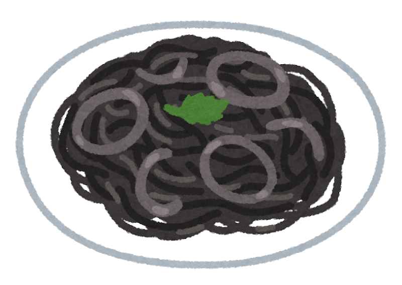 イカ墨をソースにして作られたスパゲティ（パスタ）のイラストです。