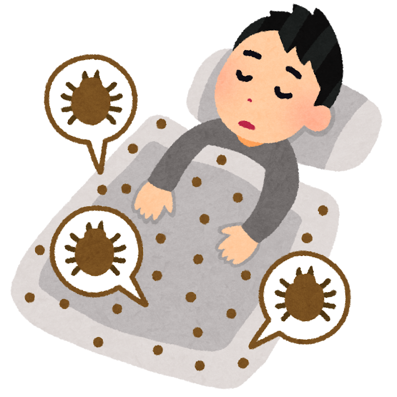 沢山のダニが棲みついた布団で寝る人のイラストです。