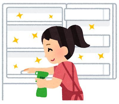 エプロンを付けた女性が冷蔵庫をピカピカに拭き掃除しているイラストです。