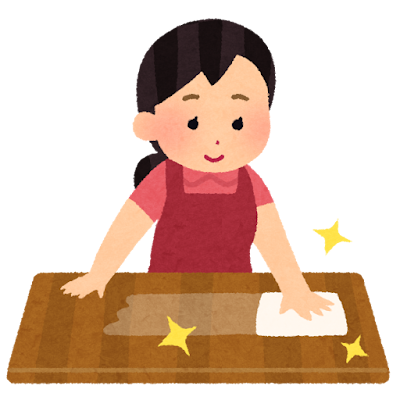 テーブルを濡れ布巾で綺麗に拭いている（拭き掃除をしている）女性のイラストです。