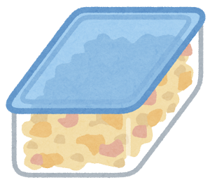 タッパーのようなプラスチックの容器の中に入れられた作り置きされた料理のイラストです。