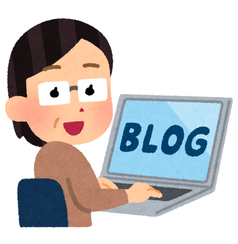 パソコンでブログの記事を書いている女性がこちらを振り返っているイラストです。
