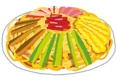 夏の定番メニュー冷やし中華（冷麺）のイラストです。