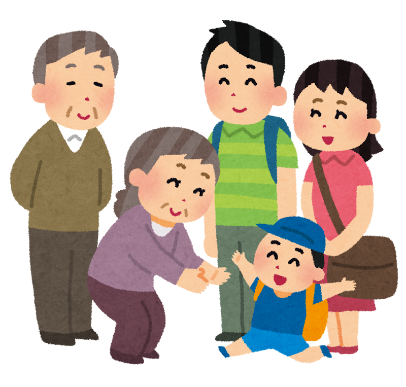 お婆さんにかけよる男の子とそれを見守るお母さんといった、お盆や夏休みに実家へ帰省した家族のワンシーンを描いたイラストです。