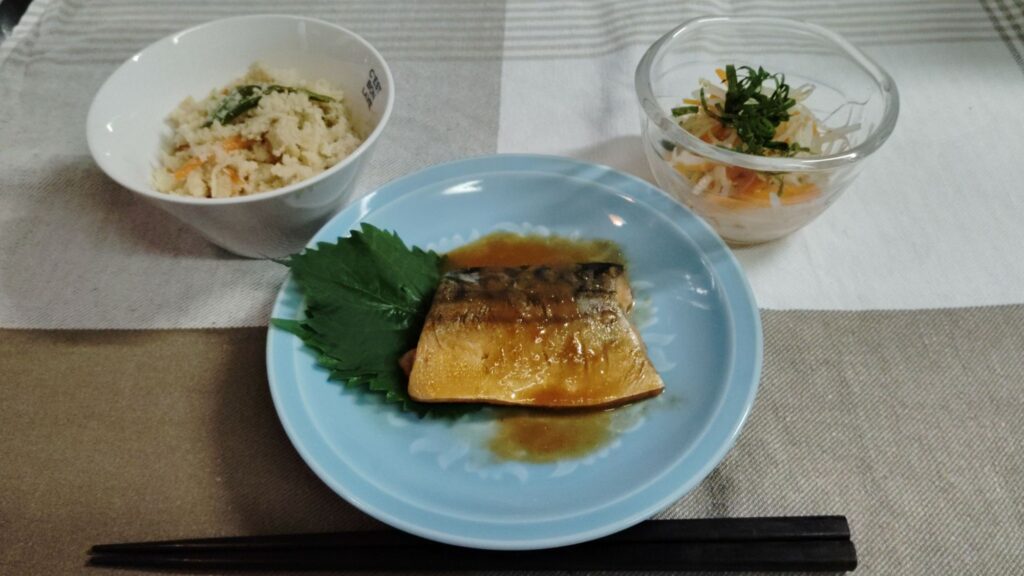 さばのみそ煮。おから。もやしと人参の酢の物。