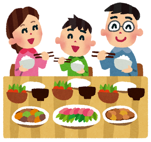 食卓で一家団欒しながら、家族で楽しそうに食事をしているイラストです。