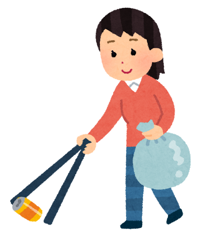 ポイ捨てされた空き缶をトングで拾う人たちのイラストです。