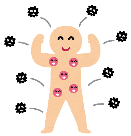 体の中の免疫が強く、ウイルスをはねのける力を持った健康な人のイラストです。