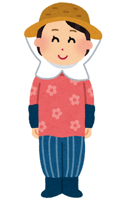 農作業をするような日除けの帽子をかぶり、もんぺ姿の、農家の女性のイラストです。