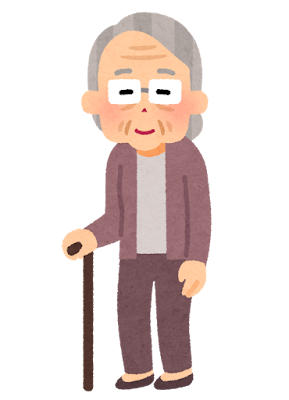 杖をついて立つ75歳を超えたお年寄り（お婆さん）のイラストです