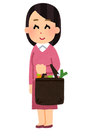 買い物をした商品をレジ袋（ビニール袋）の代わりにエコバッグに入れて運んでいる女性のイラストです。