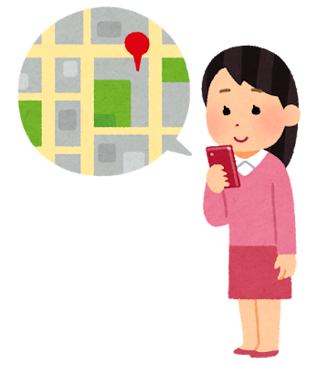 スマートフォンのマップアプリで住所の確認をしているイラストです。