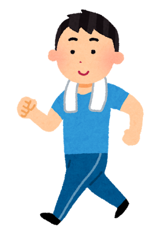 楽しそうにタオルを首にかけてウォーキングをしている（歩く）男性のイラストです。