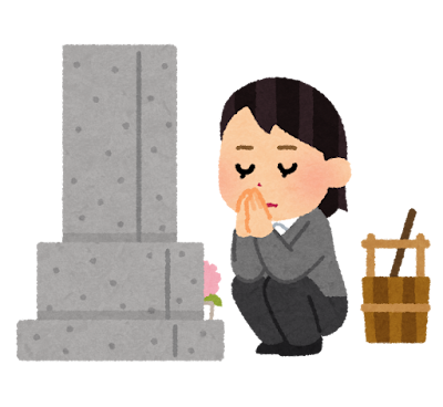 目を閉じた女性が墓石に向かって手を合わせてお参りをしているイラストです。