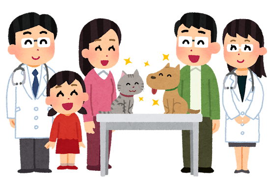 ペットと飼い主の家族と獣医のイラスト