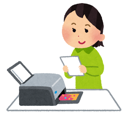 女性が年賀状やチラシなどを、家庭用プリンターで印刷しているイラストです。