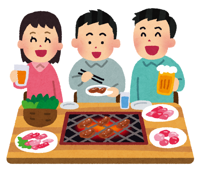 大人の男女が楽しそうに焼肉パーティー（飲み会）をしているイラストです。