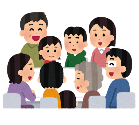 実家に帰省した大勢の親戚が一同集まり笑顔で会話（談笑）をしているイラストです。