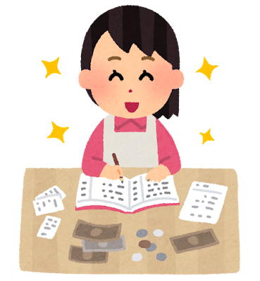 笑顔で家庭のお金の管理をしているお母さんのイラストです。