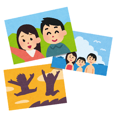 友達、家族、恋人といろいろな場所で記念撮影をした、思い出の写真のイラストです。