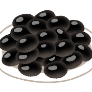 お皿に山盛りに盛られた、つやつやで美味しそうな黒豆のイラストです。