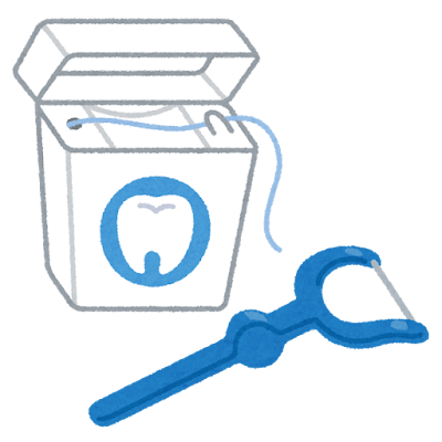 歯磨き後に行うデンタルフロス（歯間ブラシ・糸ようじ）のイラストです。