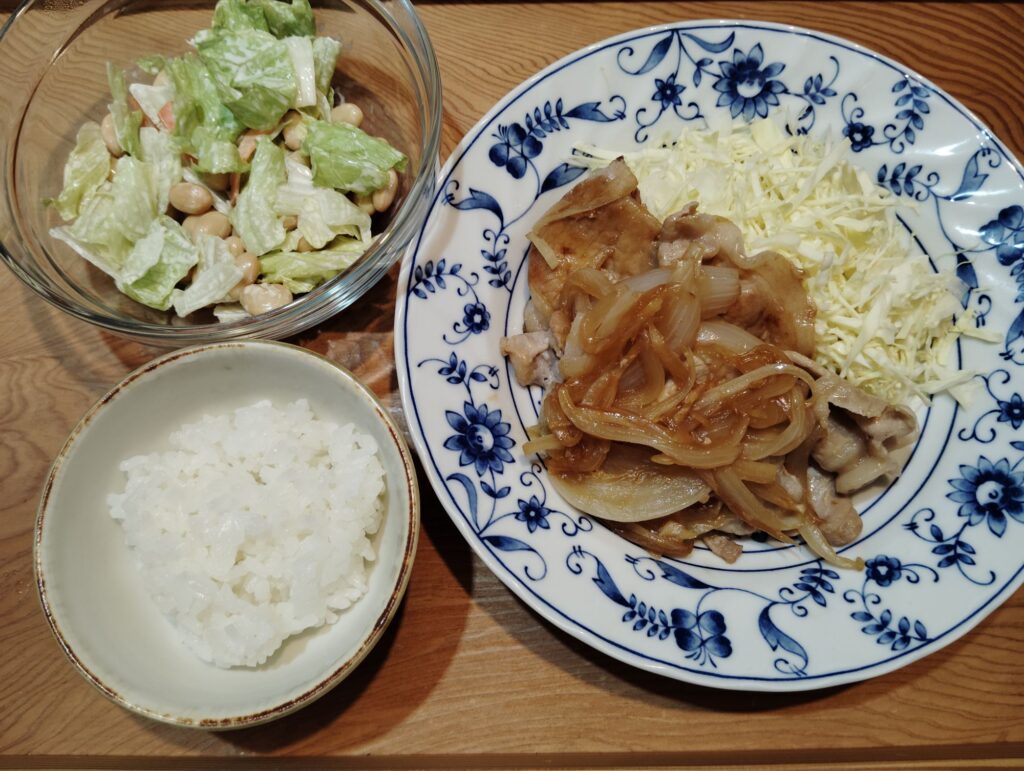 ごはん。豚肉生姜焼き、千切りキャベツ。豆とレタスのサラダ（人参）。