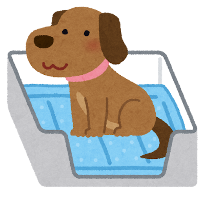 トイレを消臭するためのペットシーツ（トイレシート）の上に座る犬のイラストです。
