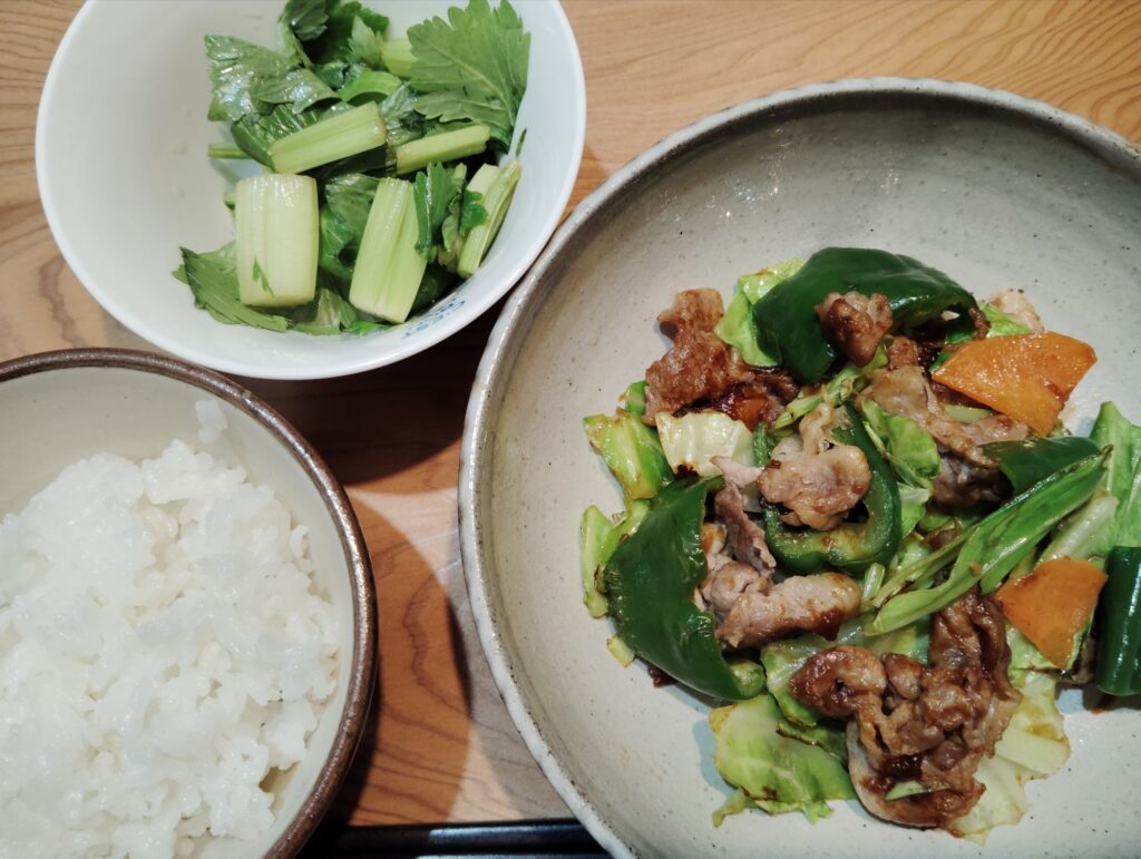 ご飯。回鍋肉。セロリのめんつゆ漬け。