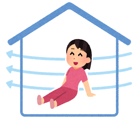 風が通る換気された家の中を清々しい顔でくつろぐ女性のイラストです。