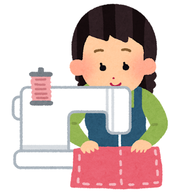 一生懸命ミシンがけをしている女性のイラストです。