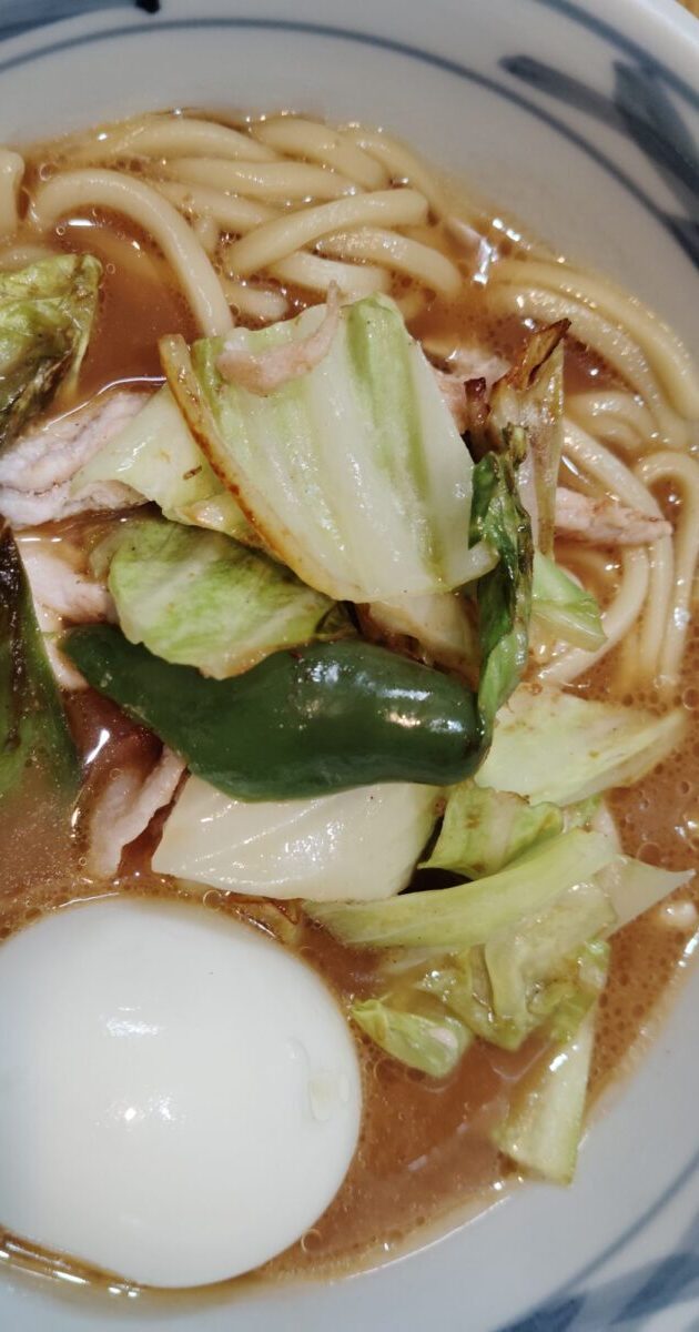 味噌ラーメン、炒め野菜（キャベツ、ピーマン）、ゆで卵。