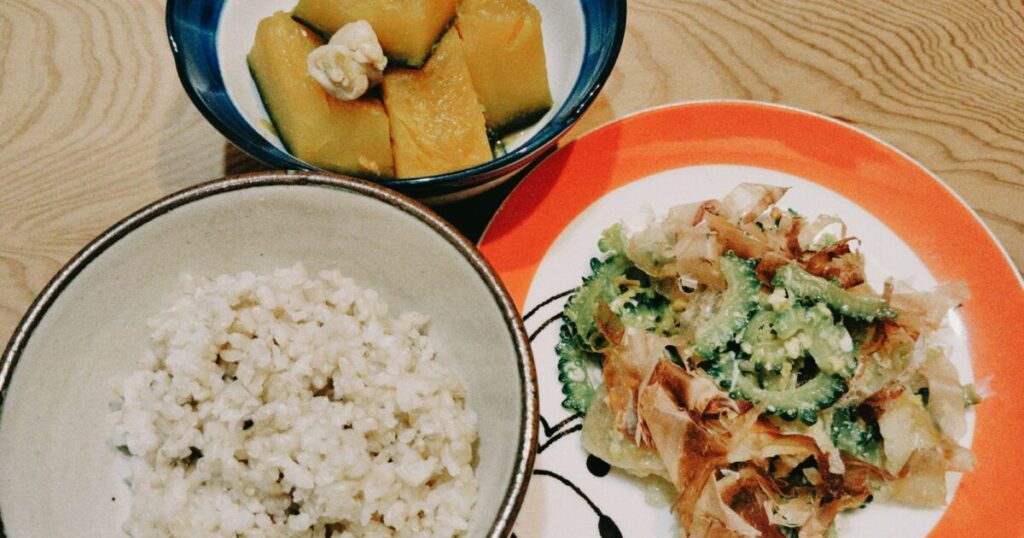 ゴーヤチャンプルーとうふなし かぼちゃの煮物