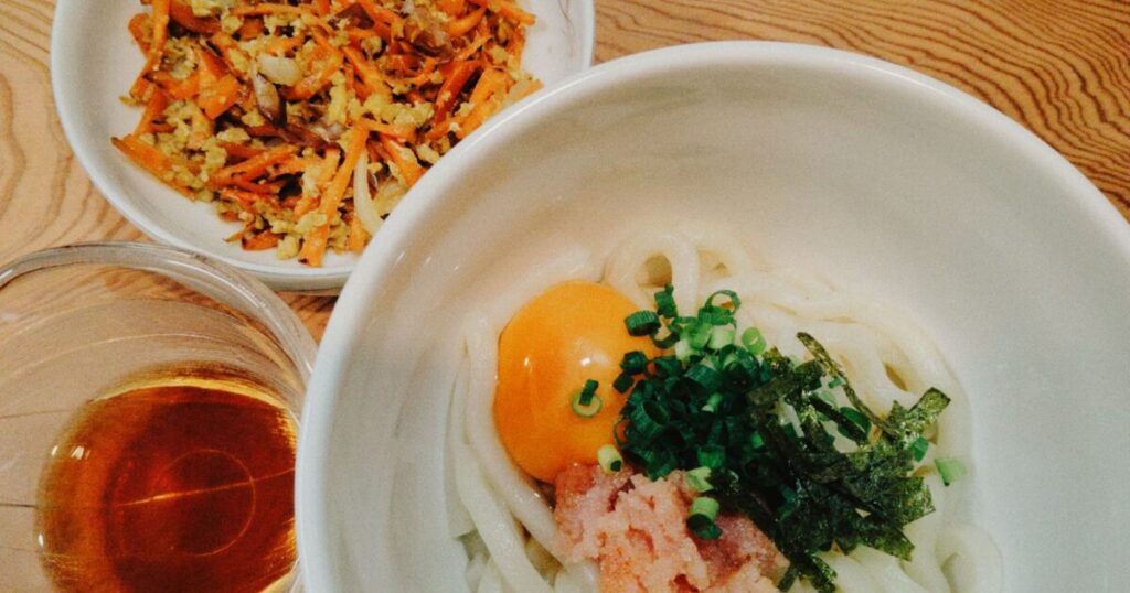 明太釜玉うどん にんじんしりしり