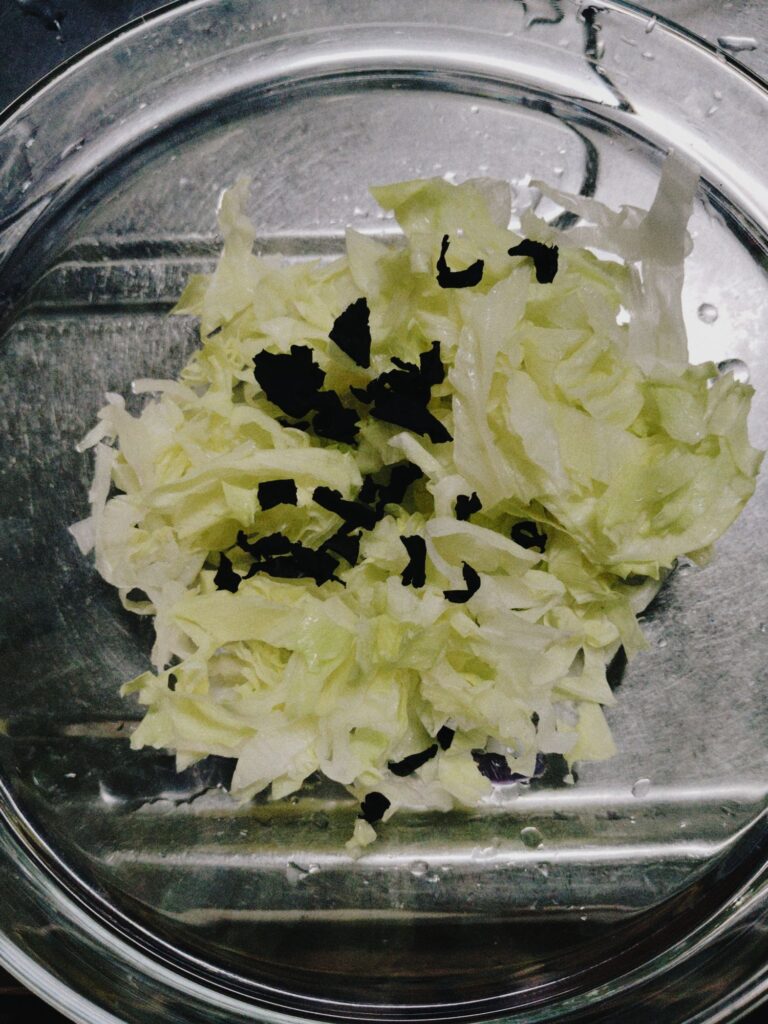 洗って刻んだレタスに乾燥ワカメ